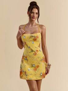SHEIN BAE Đầm ôm body hở lưng thêu sequin màu cam sáng kết cấu dây buộc mini loe cho nữ, trang phục đi nghỉ - trái cam - Xem 3