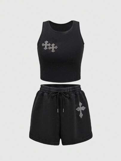 Grunge Punk 2pcs Women Snowflake Rhinestone Decor Round Neck Vest And Shorts Set