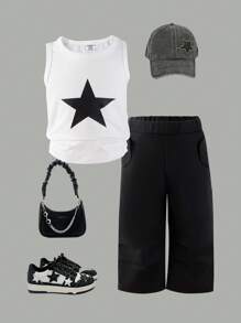 Baby Girls' Black And White Summer Casual City Break 2pcs Outfit,White Vest Top With Black Star Print&Black Cargo Pants,Cool Street Style For School - White - View 8