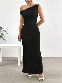 SHEIN EZwear 夏季针织提花金属扣装饰细肩带连衣裙 - 黑色 - 查看 7