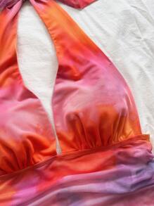 Soleia 女士度假针织网眼复古豹纹露背 V 领系带蝴蝶结褶皱网眼浪漫背心，适合约会、情人节、性感、派对、海滩巡游、复活节、狂欢节、下午茶 - 亮橙色 - 查看 3