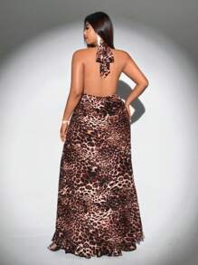 Viva Relle Plus Size Elegant Woven Leopard Print Deep V-Neck Lace Trim Dress - Coffee Brown - View 8
