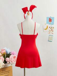 SHEIN 2 Pieces Set: Faux Fur Patchwork Slip Dress With Sheer Lingerie Set, For Teen Girls - Red - View 2