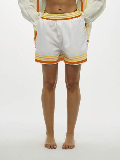 SUMWON WOMEN Luxury Pyjama Style Shorts High Waist Striped Trim Beach Resort Board Shorts Vacation Holiday Summer Loungewear