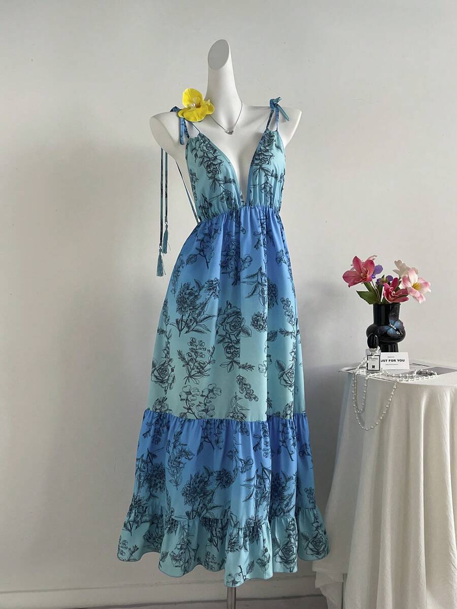 Sweetra Vestido sexy con estampado simple y espalda descubierta para mujeres