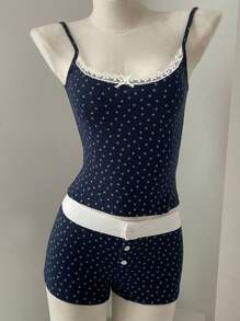 INAWLY Women's Contrast Lace Bow Decor Ditsy Floral Cami Top And Shorts Casual Loungewear Set