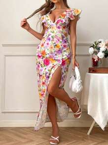 SHEIN VCAY Damen Große Größen Blumen Muster Tiefer V-Ausschnitt Rüschen Saum Sexy Urlaubs Kleid - Pink - Übersicht 4