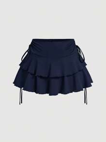 SHEIN PETITE 夏季纯色抽绳腰带蛋糕裙 - 藏蓝色 - 查看 1