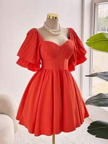 Sweetra 大码女式纯色甜心领荷叶边短袖休闲连衣裙