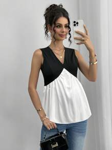 Momance Pregnant Woman's Casual Contrast Color V-Neck Sleeveless Summer Blouse