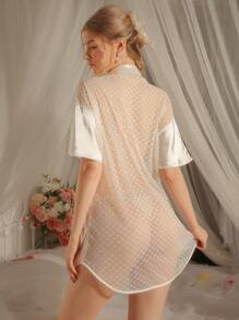 Solid Color Innocent Heart Net Satin Shawl Collar Women Sleepwear Robe Luxeloungewear Summer Babydoll Dress - White - View 5