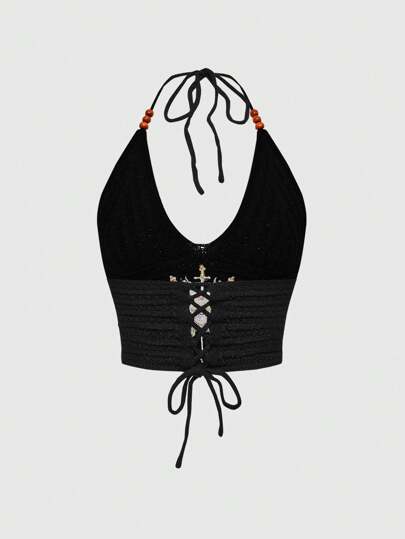 Hippie Women's Bohemian Gothic Hippie Vacation Style Heart, Moon & Star Embroidery Black Knit Beaded Top