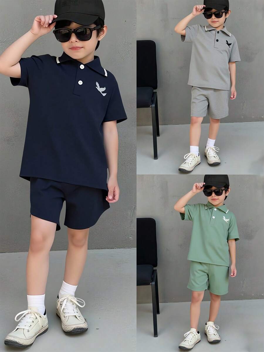 Conjunto de 6 piezas de nuevo estilo para niños pequeños con camiseta tipo polo de unicolor con estilo universitario y pantalones cortos con cintura elástica, atuendo casual y cómodo para exteriores, multicolor