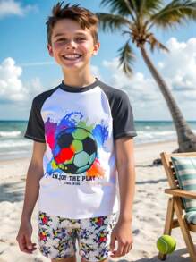 Tween Boy Football Print Short Sleeve Swimsuit Set - Multicolor - View 3