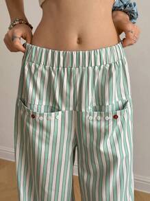 SHEIN Bubbli 女式休闲条纹印花纽扣口袋宽松裤 - 薄荷綠 - 查看 4