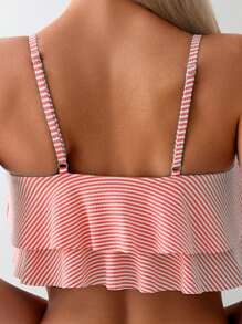 Swim Mod 2pcs Striped Bikini Set: Camisole Tank Top And Triangle Swim Bottoms For Summer Beach Vacation - Red - View 4