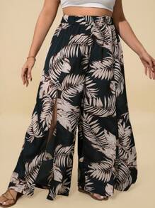 Travachic Plus Tropical Print Split Thigh Wide Leg Trousers - Multicolor - View 3