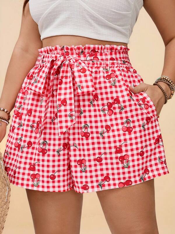 Travachic Plus Size Red Plaid Cherry Fruit Print Ruffle Waist Drawstring Pocket Loose Shorts, Romantic Cute Casual Loose Shorts, Suitable For Valentine, Summer Outfits For Women, Beach, Summer Clothes For Women