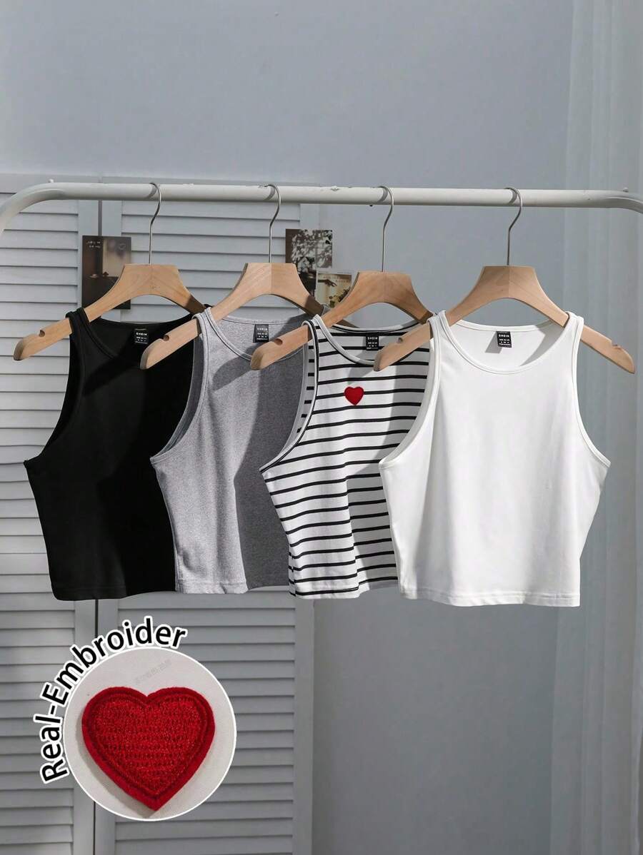SHEIN EZwear 4pcs Women's Casual Black & White Striped Cute Heart Embroidered Pattern Stretchy Cami Top, Versatile & Sexy, Suitable For Spring Break, Graduation Season, Beach, Vacation Women Tank Tops Basic Tank Tops Crop Tank Tops Summer Tank Tops Tank Tops Back To School