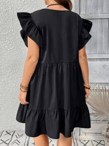 SHEIN Tall Plus Size Casual Solid Color Ruffle Hem Dress, Summer - Black - View 2