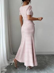 Elenzga Đầm công sở cổ vuông xếp ly eo đuôi cá thanh lịch lãng mạn cho nữ - Hồng - Xem 2