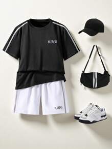 2 pièces/Set Adolescent garçon décontracté Sports Bloc de couleur Lettre Impression Ample T-shirt et Short athlétique Couleur contrastée, Ensemble 2 pièces, Convient pour le printemps et l'été Porter décontracté