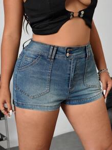 SHEIN Unity 夏季不对称牛仔短裤，简约实用，多用途 - 藍色 - 查看 3