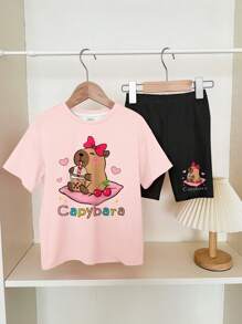 SHEIN Leap Crew 2 件套青少年女孩休闲简约短袖 T 恤和短裤套装，适合夏季 - 彩色 - 查看 2