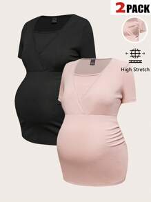 SHEIN Maternity Casual Solid Color Short Sleeve Nursing Dress For Summer,Maternity Clothes - Multicolor - View 1