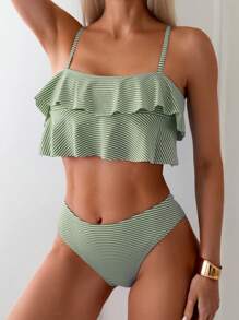 Swim Mod Striped Bikini Two-Piece Swimsuit, Suitable For Holiday Beach For Summer Beach Vacation - Green - View 5