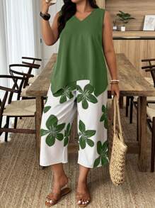 EMERY ROSE 2pcs Casual Sleeveless Plus Size Floral Print Set, Perfect For Vacations - Multicolor - View 1