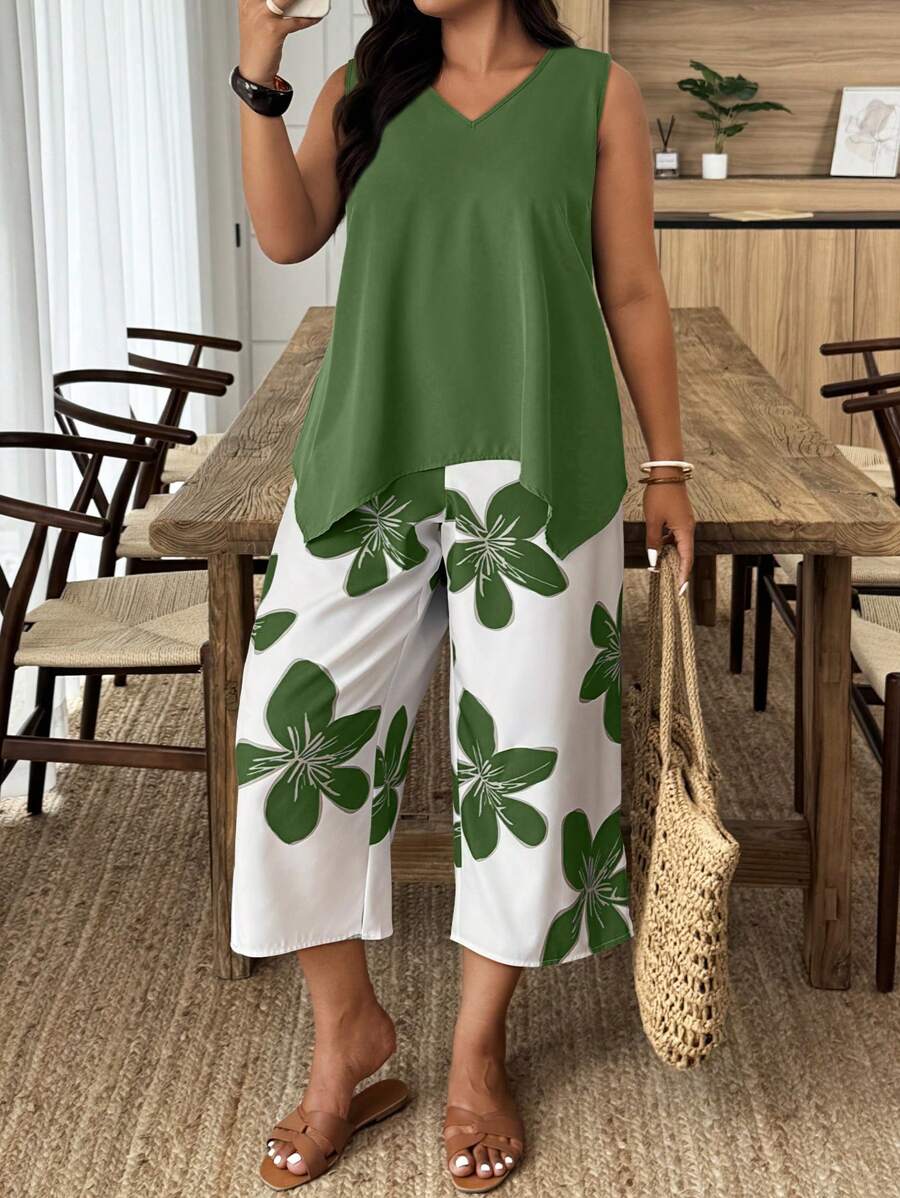 EMERY ROSE 2pcs Casual Sleeveless Plus Size Floral Print Set, Perfect For Vacations - Multicolor - View 1