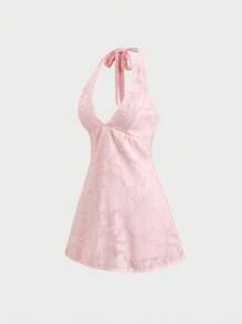 Sweetra Vestido corto sin mangas con espalda abierta, cuello con lazo y diseño calado en chifón rosa, refrescante para primavera/verano
