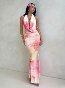 Aloruh Pink Hibiscus Flower All Over Print Draped Neck Women's Casual Summer Vacation Music Festival Long Dress Hibiscus Dress Floral Dress Resort Wear Scarf Dress 3d Floral Dress Suitable For Going Out Chic Dress - Multicolor - View 6