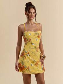 SHEIN BAE Đầm ôm body hở lưng thêu sequin màu cam sáng kết cấu dây buộc mini loe cho nữ, trang phục đi nghỉ - trái cam - Xem 4