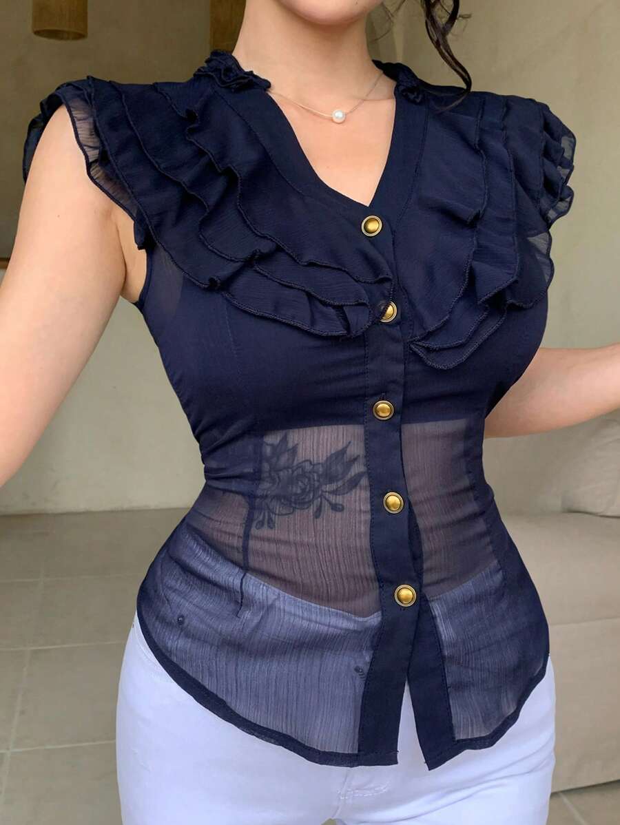 DAZY 女式多层荷叶边拼接修身性感半透明夏季雪纺开衫短袖衬衫 - 藏蓝色 - 查看 1