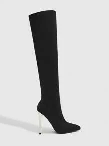 Daringsoles 女士尖头细高跟性感水钻闪亮派对靴过膝绒面黑色靴子，秋冬 - 黑色 - 查看 4