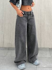 EURMUSE 高腰阔腿牛仔长裤 - 灰色 - 查看 4
