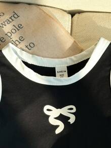 2 Pieces Set Young Girls Cute Bow Print Black Vest & White Cargo Pants, Comfortable & Fashionable Baby Outfit
