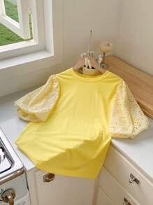 Comfortcana Camiseta de mujer de unicolor con cuello redondo y mangas cortas, simple y de moda, para verano - Amarillo - Ver 3