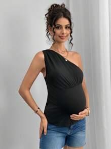 Momance 孕妇针织不对称上衣，夏季时尚 - 黑色 - 查看 1