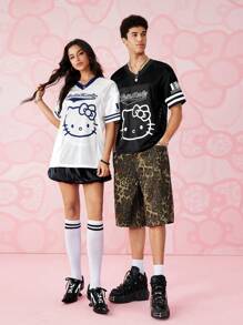 HELLO KITTY AND FRIENDS | SHEIN 女式休闲卡通字母图案 V 领撞色边宽松落肩网眼透气 T 恤，夏季 - 白色 - 查看 3