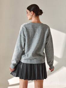 SHEIN Cottnline Women Elegant Brushed Yarn Pearl And Shinny Rhinestone Detailed Button Front Drop Shoulder Cozy Grey Cardigan Women's Grey Cardigan Pearl Embellished Cardigan Knit Cardigan Grey Knit Cardigan Women's Knit Cardigan,Cardigans,Long Cardigans Woman,Petite,Tall - Dark Grey - View 2