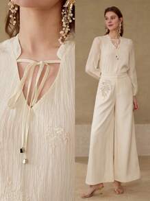 MOTF PREMIUM EMBROIDERY TIE NECK TOP - Apricot - View 6