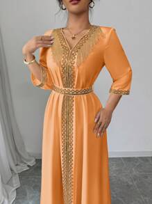 Elenzga Women's Elegant Tassel Sequin Patchwork Dress - Orange - View 5