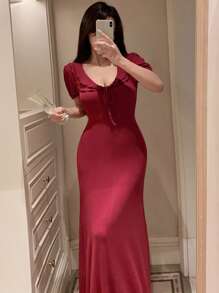 DAZY Plain Color Ruffled Deep Round Neck Waist Cinched Long Dress Home Wear For Women Red Women Dresses Pajama - Burgundy - View 3