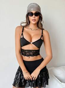 SHEIN Sujetador de encaje con parches, sensual, cómodo y de moda para mujer - Negro - Ver 6
