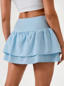 Hanevo Gonna sportiva da tennis da donna con doppio strato di orlo e decorazione a bottoni, colore azzurro chiaro - celeste - Visualizzare 2