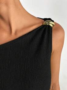 SHEIN EZwear 夏季针织提花金属扣装饰细肩带连衣裙 - 黑色 - 查看 5