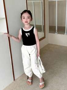 2 Pieces Set Young Girls Cute Bow Print Black Vest & White Cargo Pants, Comfortable & Fashionable Baby Outfit